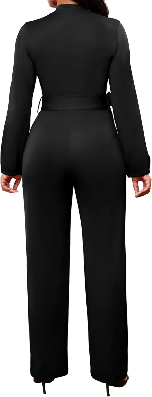 SxClub Jumpsuits for Women Formal Sexy Elegant Long Straight Pants Busineess Party Jumpsuit with Belt Pockets
