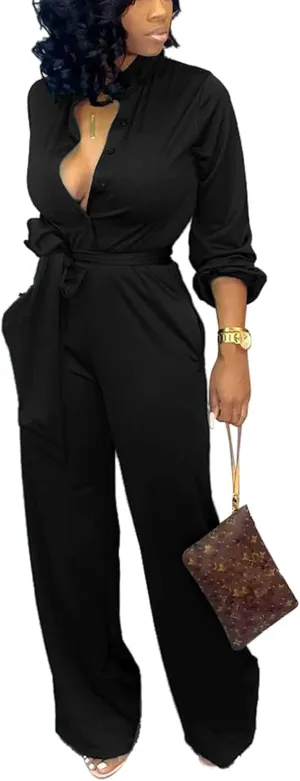 SxClub Jumpsuits for Women Formal Sexy Elegant Long Straight Pants Busineess Party Jumpsuit with Belt Pockets