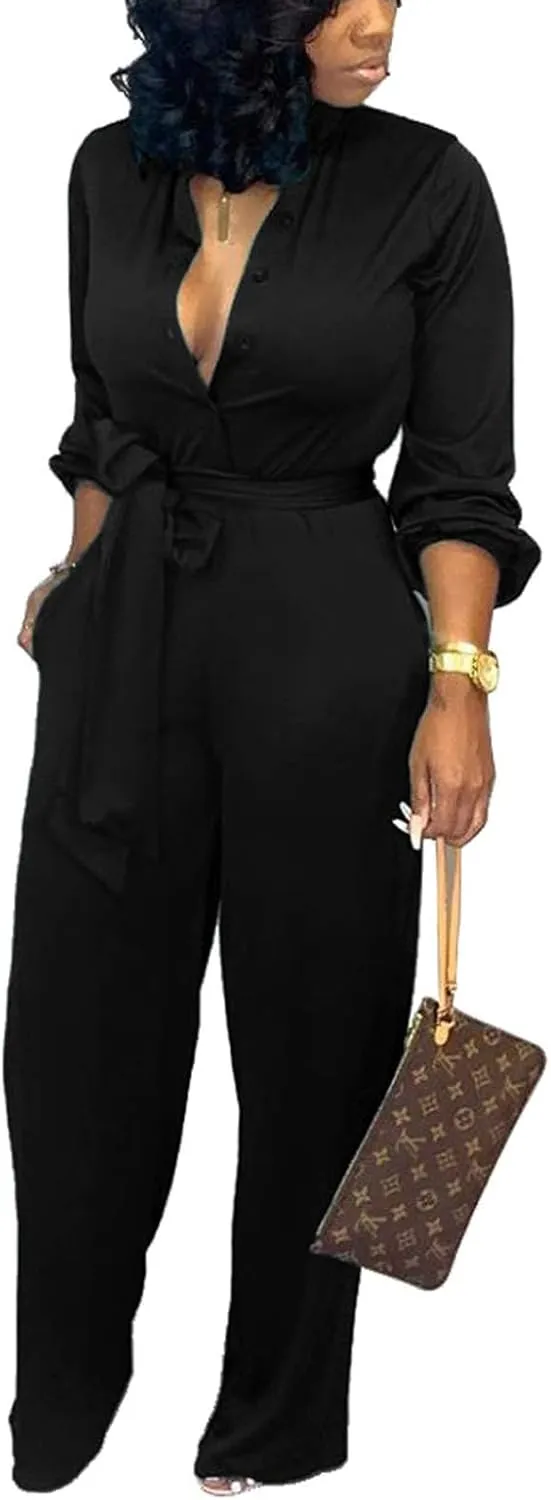 SxClub Jumpsuits for Women Formal Sexy Elegant Long Straight Pants Busineess Party Jumpsuit with Belt Pockets