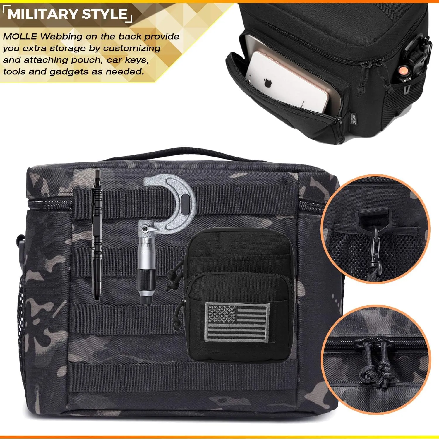 Tactical Lunch Bag for Men Women, 12 Cans Insulated Lunch Box for Adult | 9L Leakproof Lunch Cooler Tote for Work Office Outdoor Travel | Soft Easy To Clean Liner x2, Black Camo