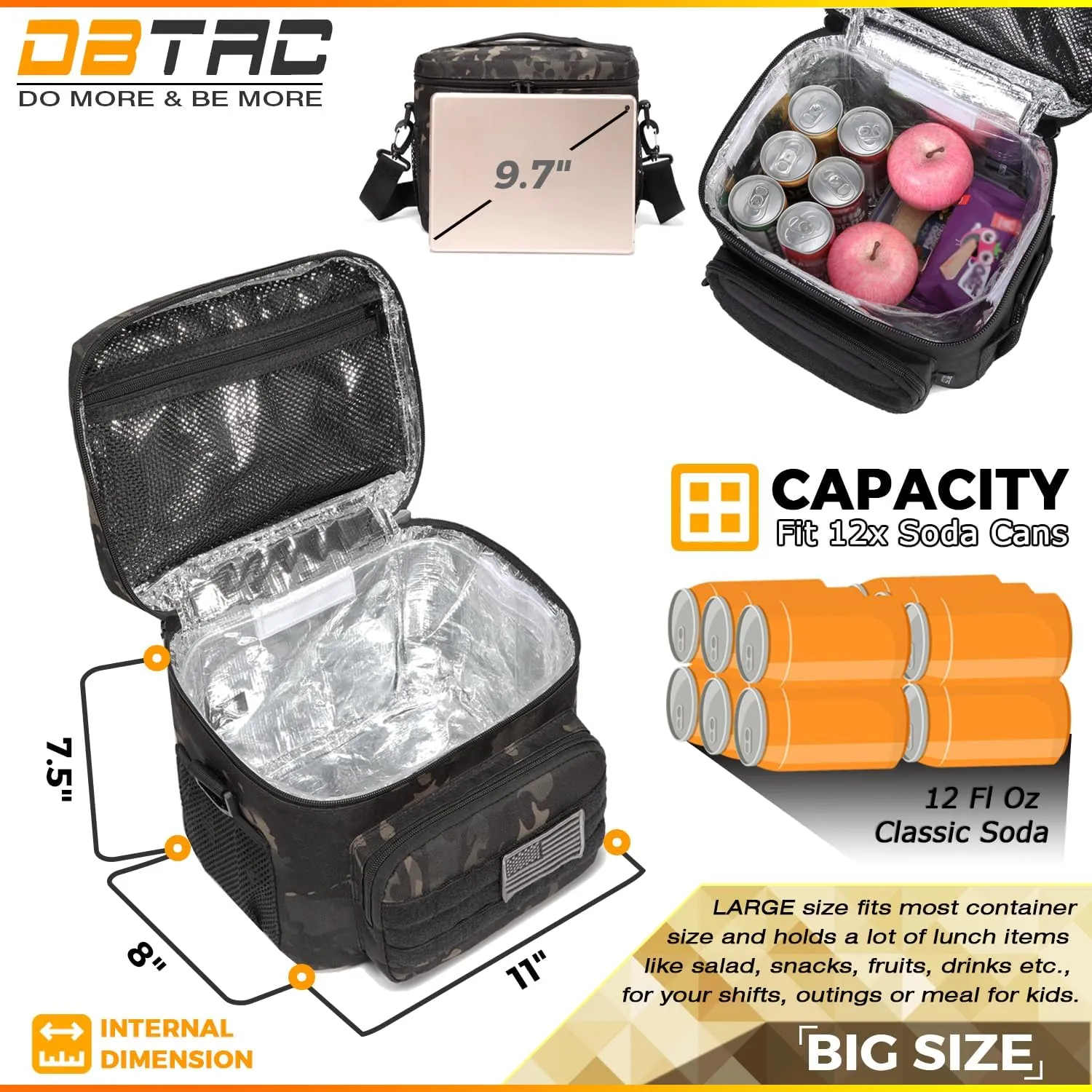 Tactical Lunch Bag for Men Women, 12 Cans Insulated Lunch Box for Adult | 9L Leakproof Lunch Cooler Tote for Work Office Outdoor Travel | Soft Easy To Clean Liner x2, Black Camo