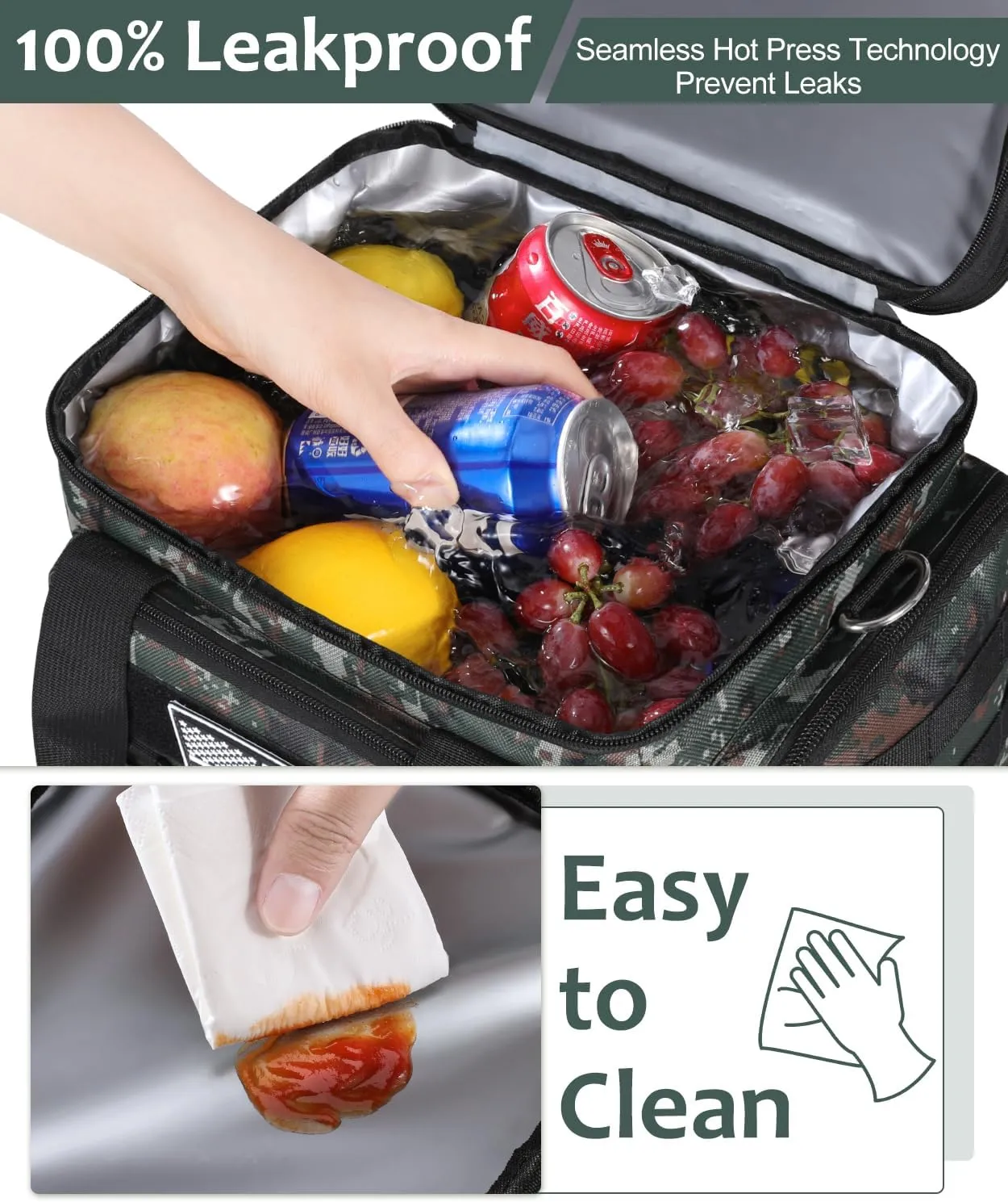 Tactical Lunch Box for Men, Expandable Large Insulated Lunch Bag for Adult, Heavy Duty Double Deck Lunch Cooler Bag with Shoulder Strap Leakproof Waterproof Lunch Tote for Travel Office - Green Camo