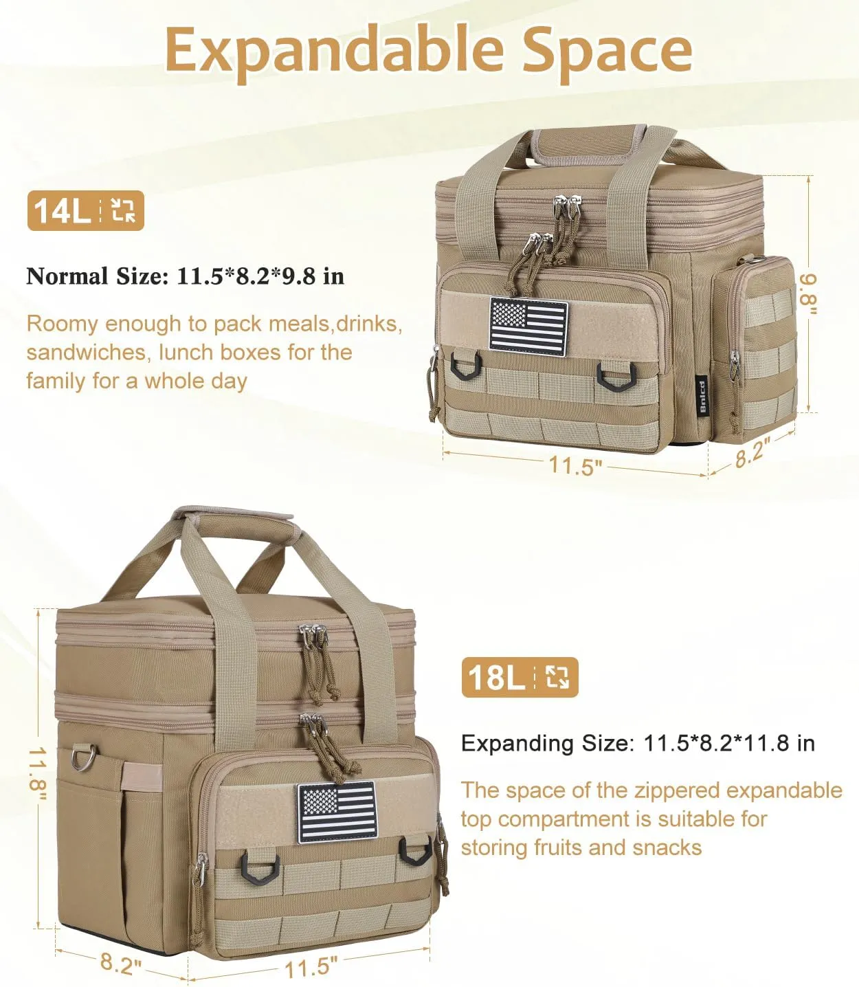 Tactical Lunch Box for Men, Expandable Large Insulated Lunch Bag for Adult, Heavy Duty Double Deck Lunch Cooler Bag with Shoulder Strap Leakproof Waterproof Lunch Tote for Travel Work Office - Sandy