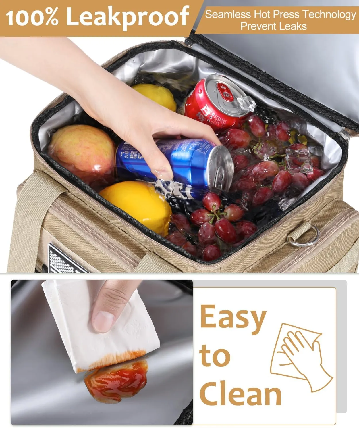 Tactical Lunch Box for Men, Expandable Large Insulated Lunch Bag for Adult, Heavy Duty Double Deck Lunch Cooler Bag with Shoulder Strap Leakproof Waterproof Lunch Tote for Travel Work Office - Sandy