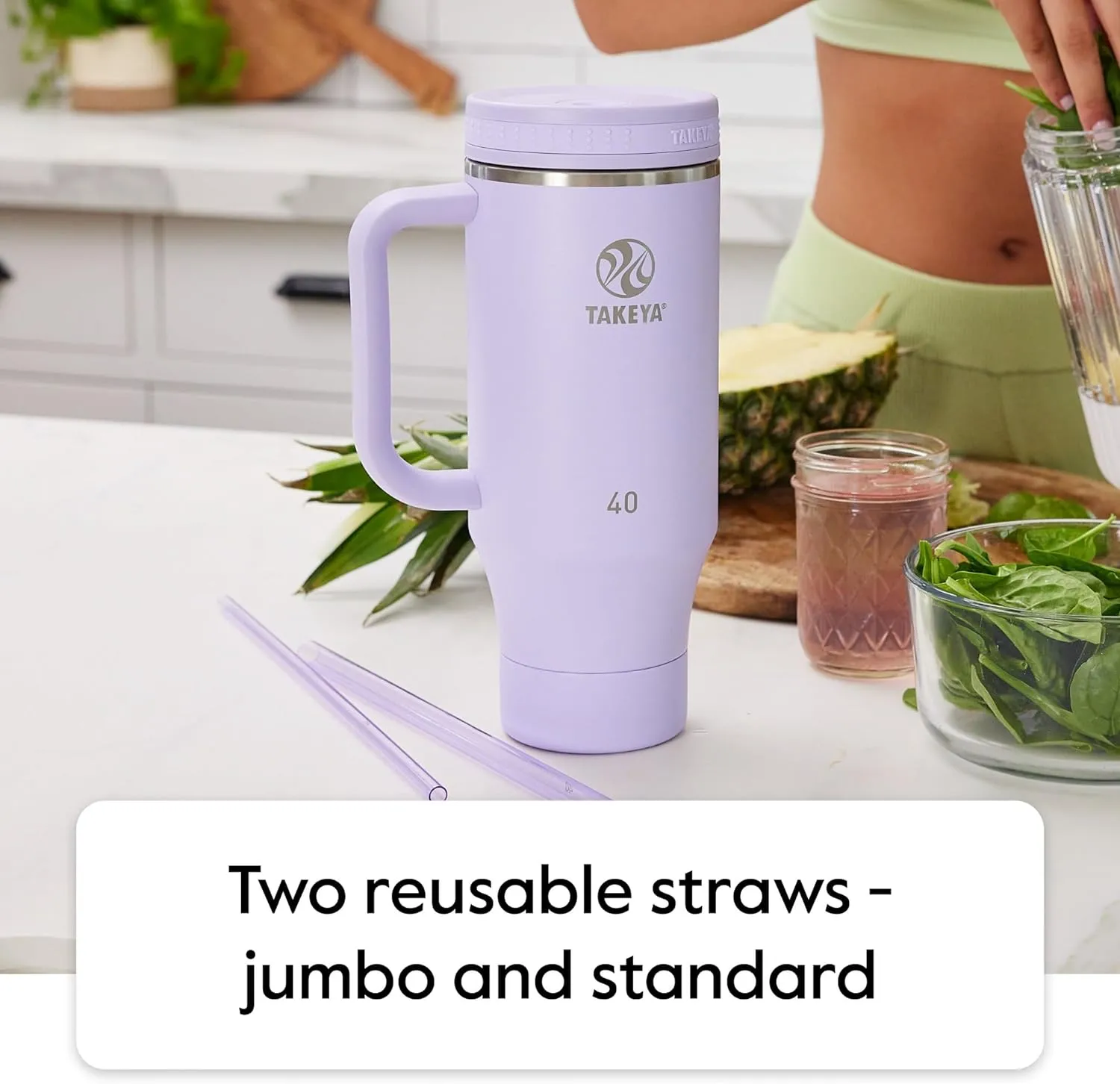 Takeya 40 oz Stainless Steel Tumbler with Lid and Two Straws, Premium Quality, Double Wall Insulated, Wiith Handle, Keep Drinks Cold for Up to 24 Hours, Matcha