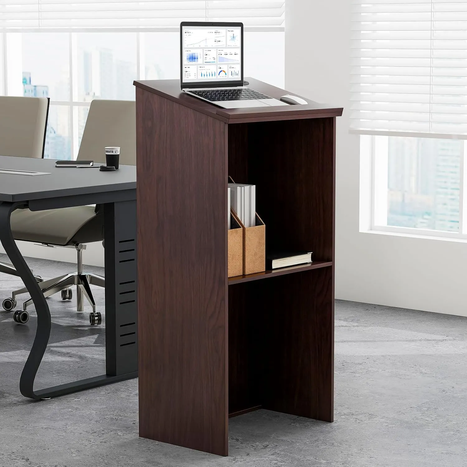 Tangkula Floor Standing Podium, Wooden Speaking Lectern Hostess Stand with 2-Tier Shelves & Dual Cable Holes, Standing Lectern Desk for Meeting Room, School, Churches, Auditorium, Classroom