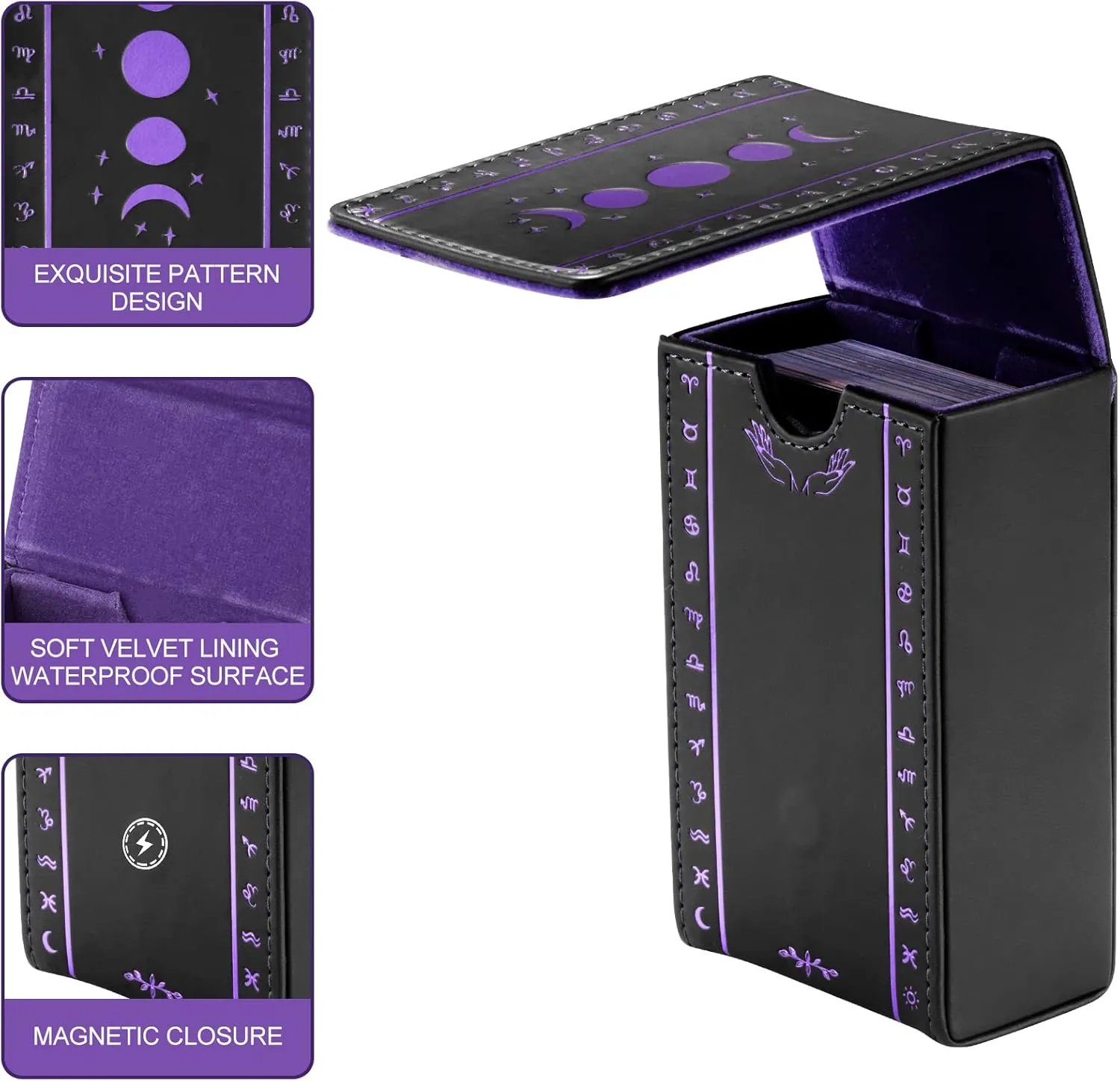 Tarot Cards Holder, Leather Tarot Card Case/Box, Suitable for Standard Size Tarot Cards (2.75in x 4.75in)-Moon Phase Design (Purple)