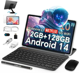 TECLAST Android Tablet with Keyboard, 10 inch Android 14 Tablet, 10GB RAM 128GB ROM,1TB Expand, WiFi 6, Bluetooth 5.4, 6000mAh Battery, GPS, 2 in 1 Tablet with Keyboard, Mouse, Case, Stylus