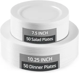 TENYANSEN 100-Pack Premium White Plastic Plates, Shatterproof Microwave-Safe Disposable Dinnerware, 10.25" & 7.5" Elegant Plates for Party, Picnic, Family Dinner, 2 Sizes - Appetizer/Dessert/Salad