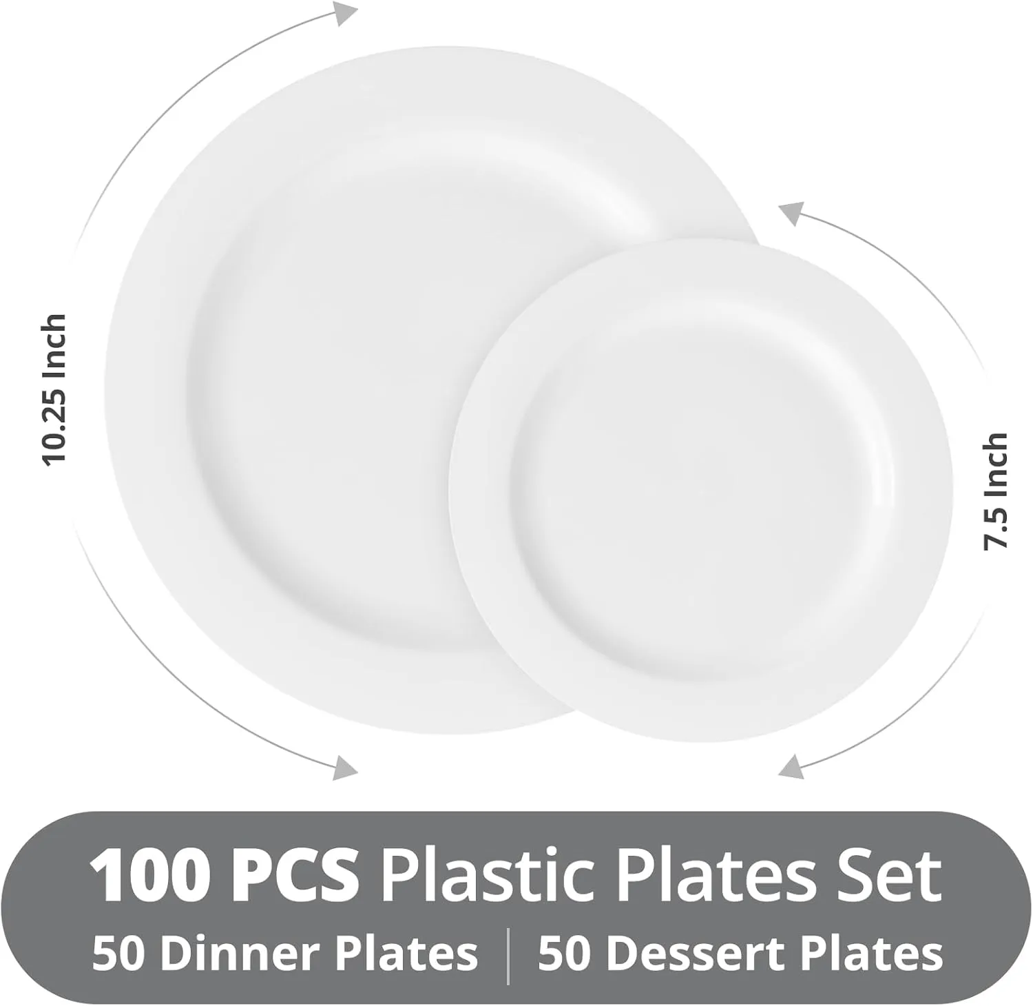 TENYANSEN 100-Pack Premium White Plastic Plates, Shatterproof Microwave-Safe Disposable Dinnerware, 10.25" & 7.5" Elegant Plates for Party, Picnic, Family Dinner, 2 Sizes - Appetizer/Dessert/Salad