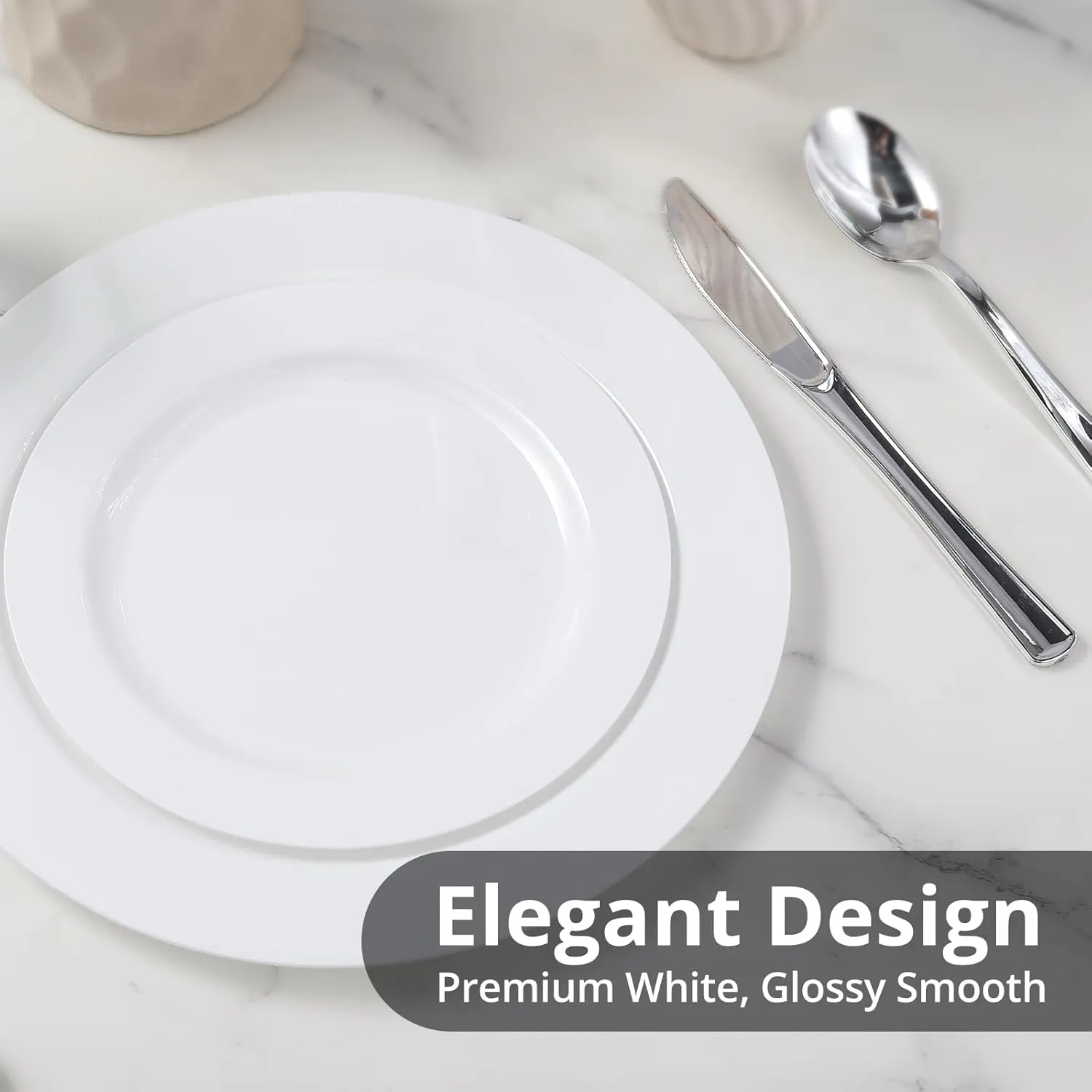 TENYANSEN 100-Pack Premium White Plastic Plates, Shatterproof Microwave-Safe Disposable Dinnerware, 10.25" & 7.5" Elegant Plates for Party, Picnic, Family Dinner, 2 Sizes - Appetizer/Dessert/Salad