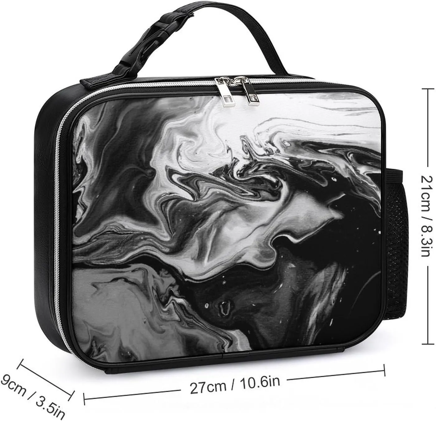 Thermal Insulated Leather Lunch Meal Bag, Lunchbox Bag with Buckled Handle Cooler Leakproof Picnic 10.6x3.5x8.3 in Print Marble Green Malachite with Silver White Veins Gold Spots
