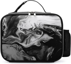 Thermal Insulated Leather Lunch Meal Bag, Lunchbox Bag with Buckled Handle Cooler Leakproof Picnic 10.6x3.5x8.3 in Print Marble Green Malachite with Silver White Veins Gold Spots