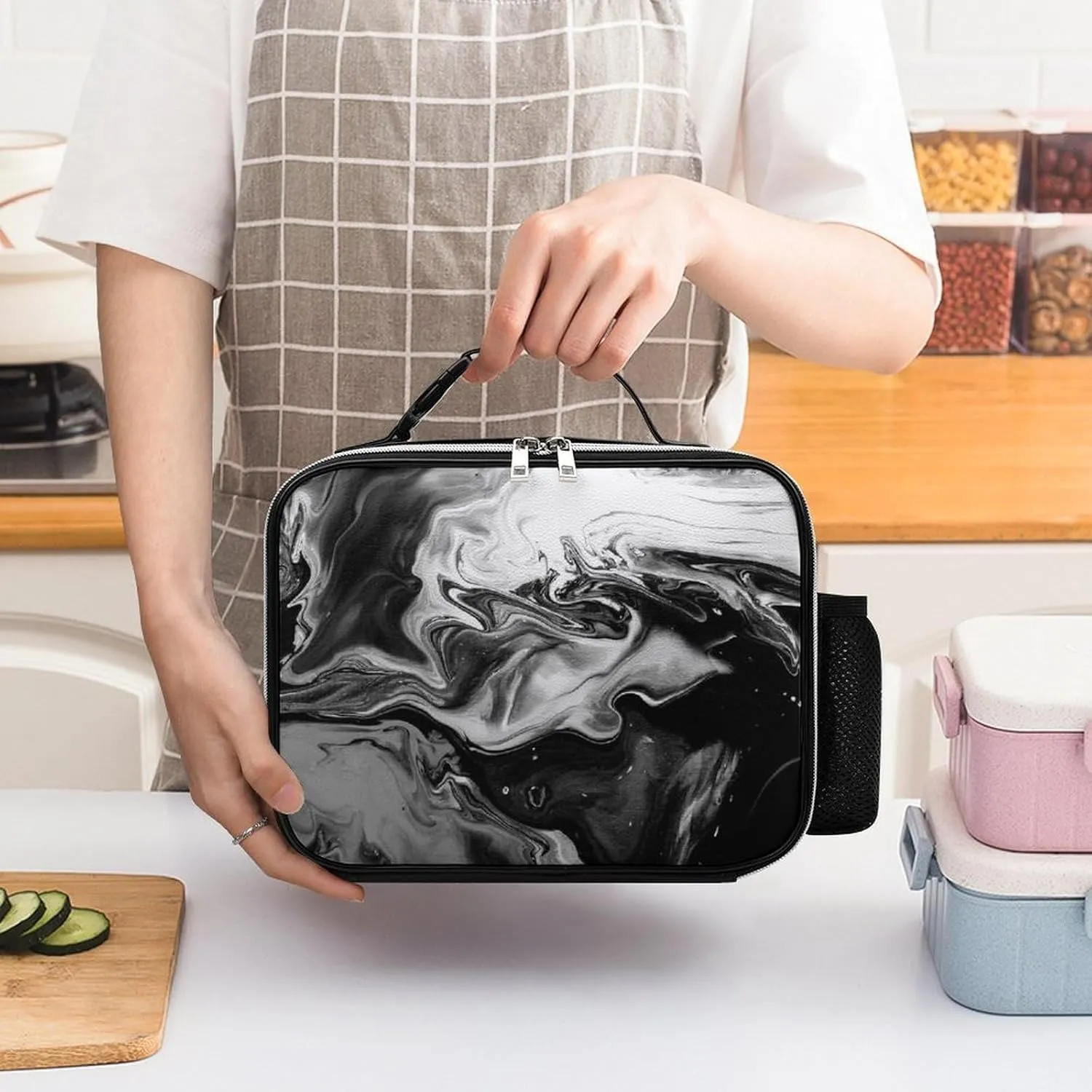 Thermal Insulated Leather Lunch Meal Bag, Lunchbox Bag with Buckled Handle Cooler Leakproof Picnic 10.6x3.5x8.3 in Print Marble Green Malachite with Silver White Veins Gold Spots
