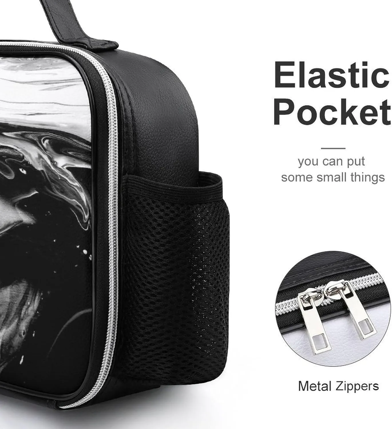 Thermal Insulated Leather Lunch Meal Bag, Lunchbox Bag with Buckled Handle Cooler Leakproof Picnic 10.6x3.5x8.3 in Print Marble Green Malachite with Silver White Veins Gold Spots