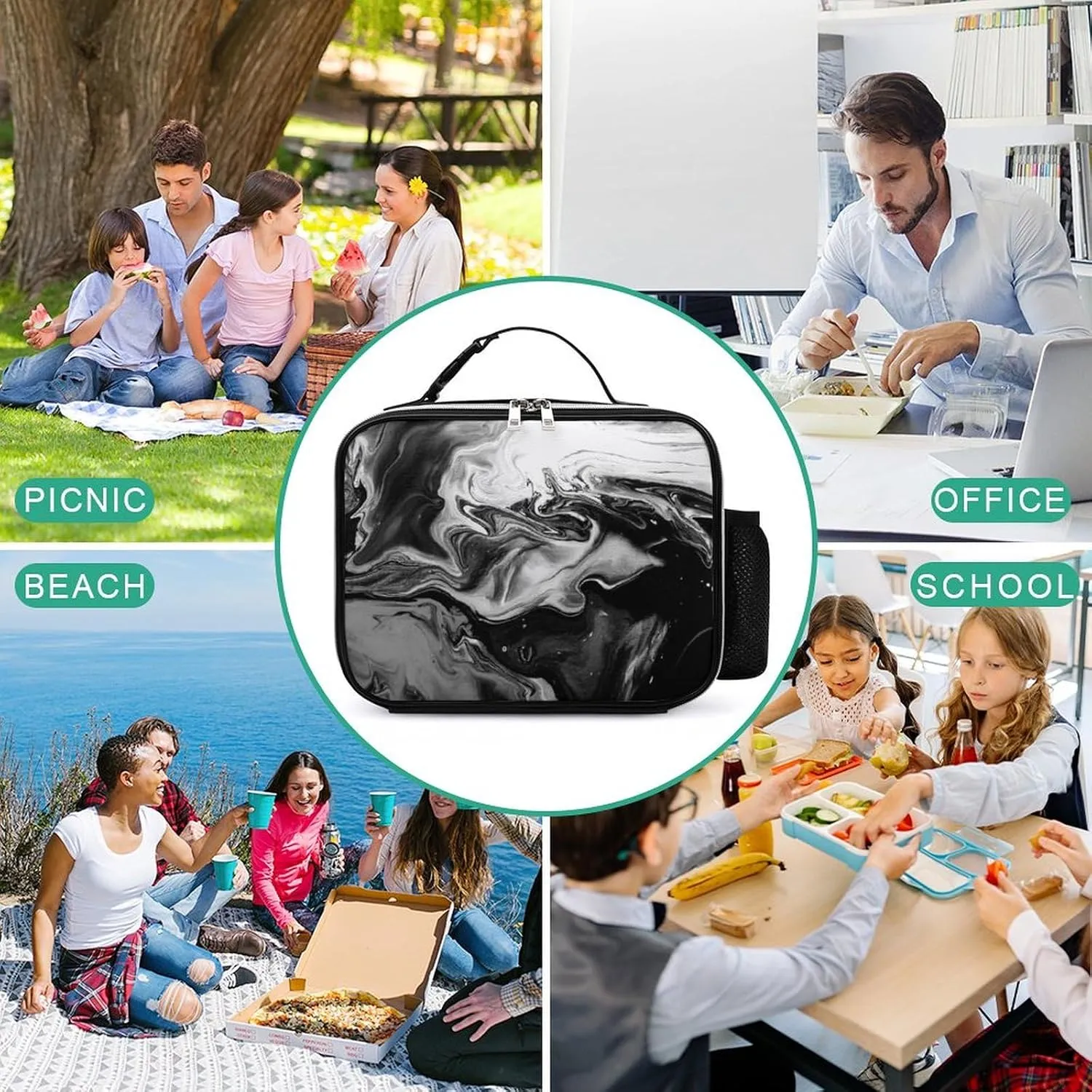 Thermal Insulated Leather Lunch Meal Bag, Lunchbox Bag with Buckled Handle Cooler Leakproof Picnic 10.6x3.5x8.3 in Print Marble Green Malachite with Silver White Veins Gold Spots