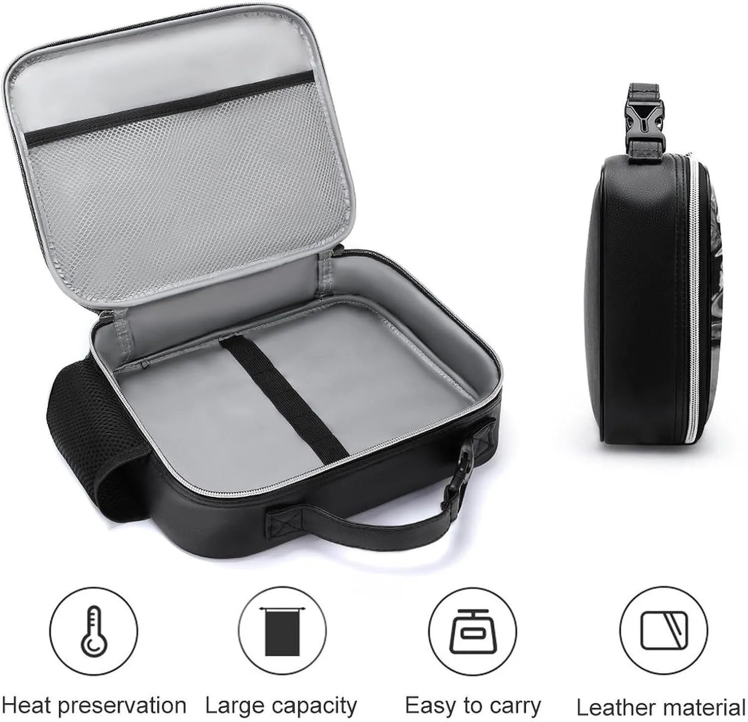 Thermal Insulated Leather Lunch Meal Bag, Lunchbox Bag with Buckled Handle Cooler Leakproof Picnic 10.6x3.5x8.3 in Print Marble Green Malachite with Silver White Veins Gold Spots
