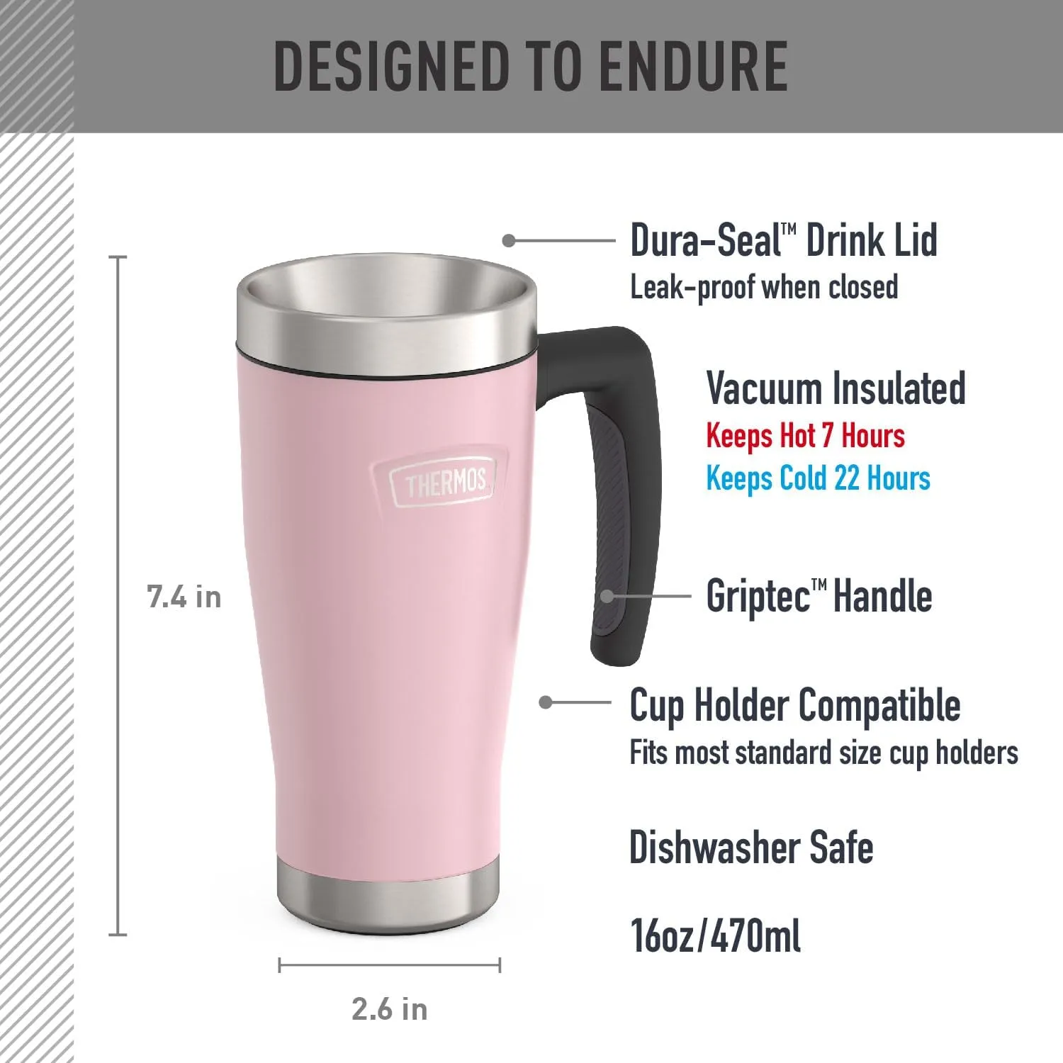 THERMOS ICON SERIES, Stainless Steel Mug, Sunset Pink, 16 oz