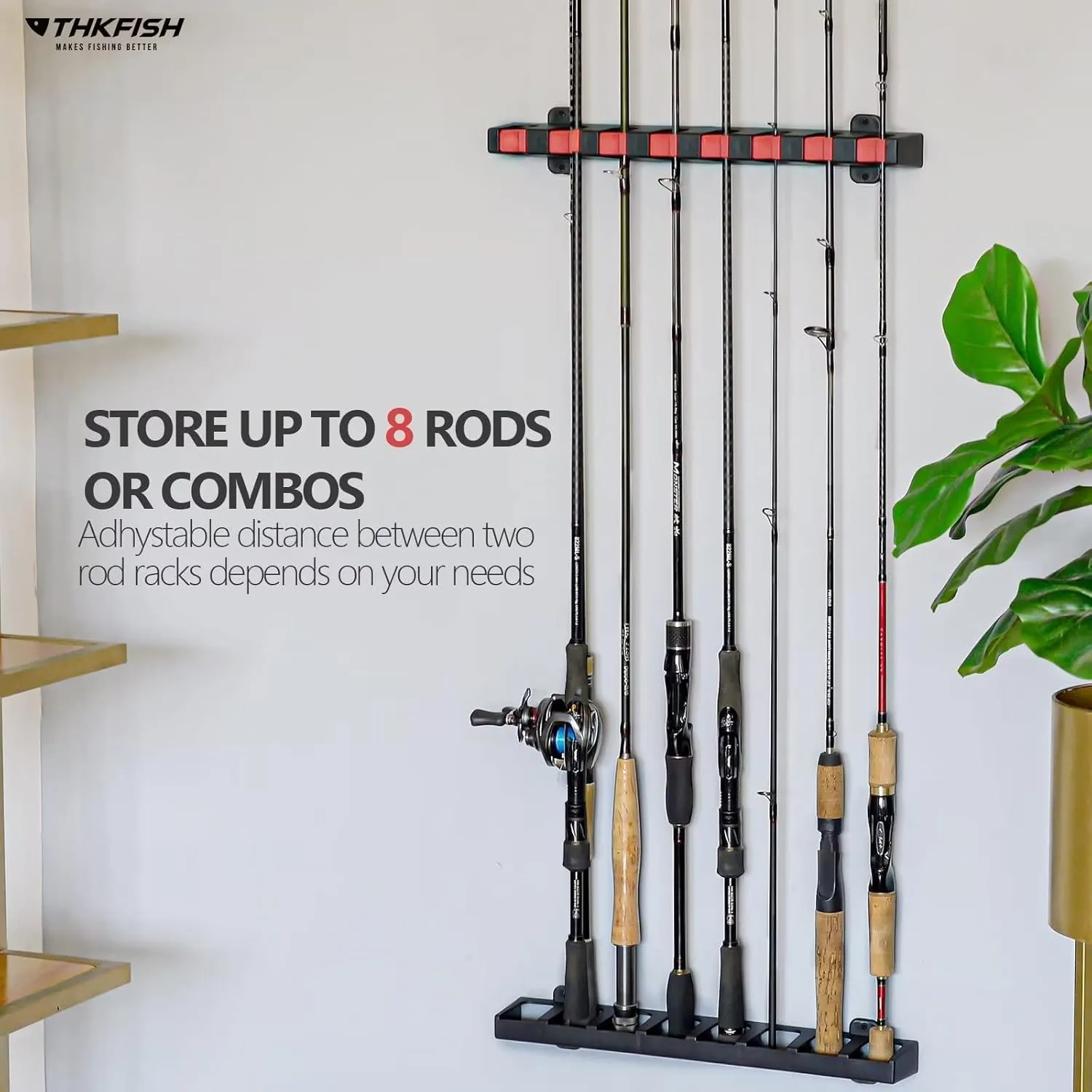 THKFISH Fishing Rod Rack Fishing Rod Holders Wall Mount Vertical/Horizontal Fishing Pole Holders for Garage Room, Boats Store 6/8 Fishing Rod Combos,1pair