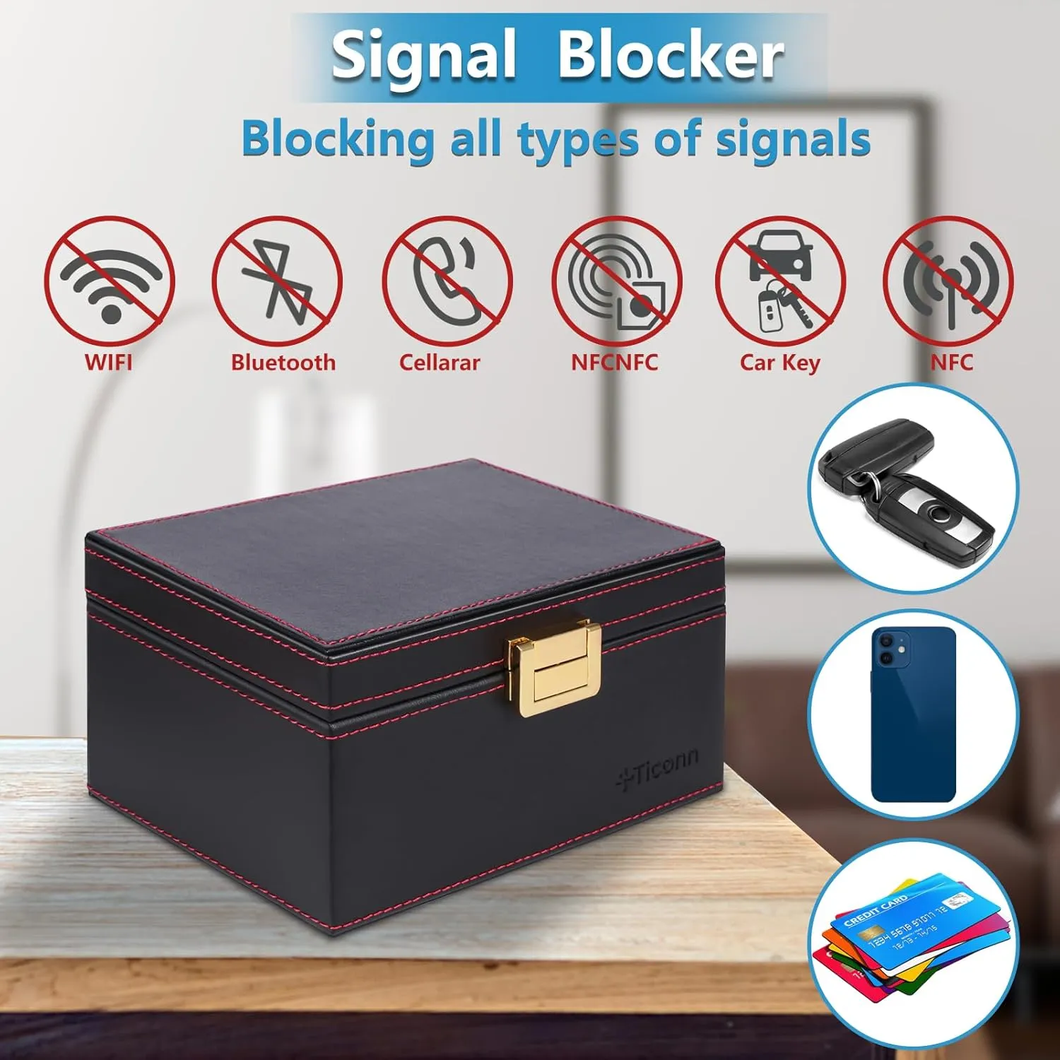 TICONN Faraday Box, Car Key Fob Protector, PU Leather Signal Blocker for Keyless Fob, RFID Signal Blocking Pouch Cage
