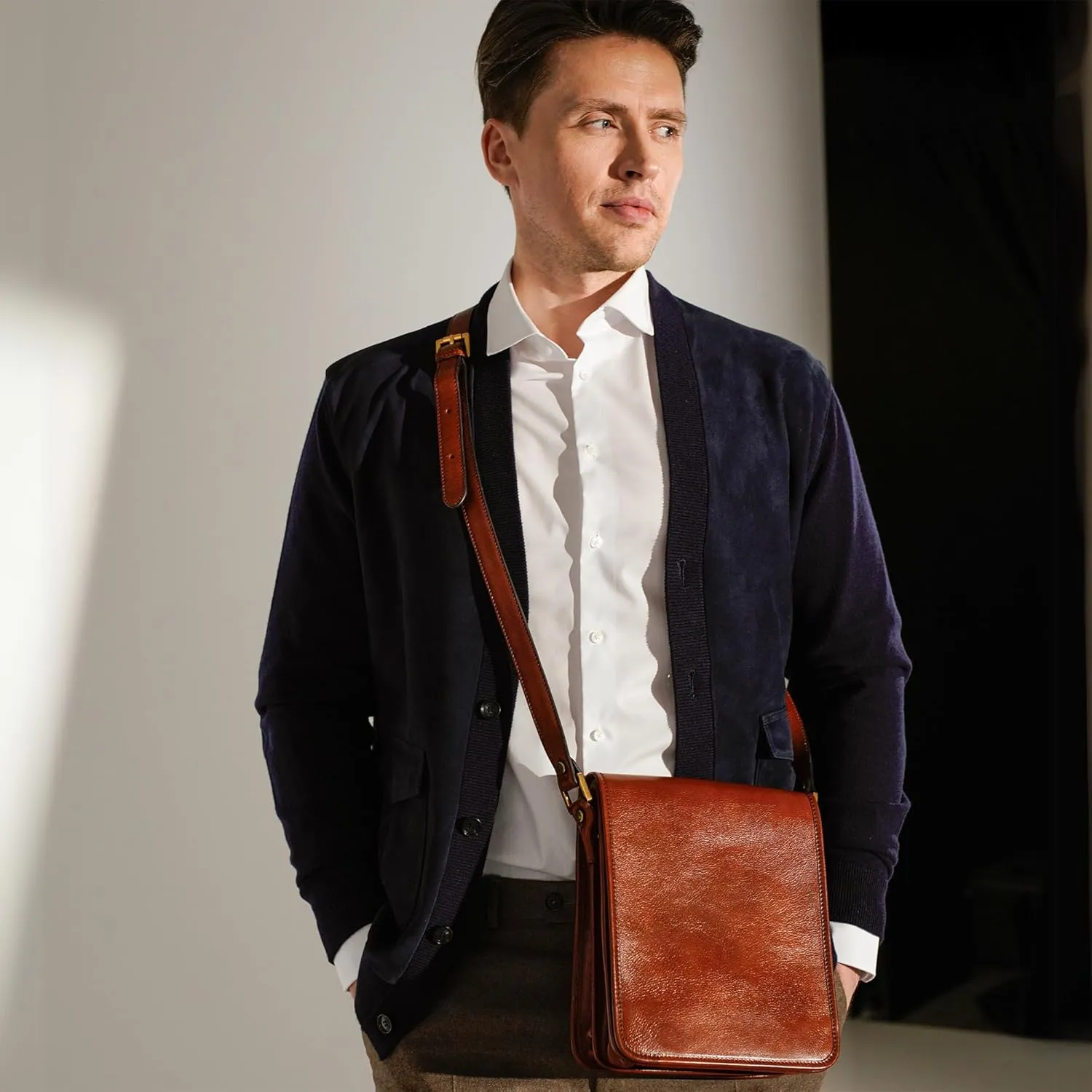 Time Resistance Italian Leather Messenger Bag for Men - Full Grain Leather Men's Crossbody Bag - Tablet Sized Shoulder Bag