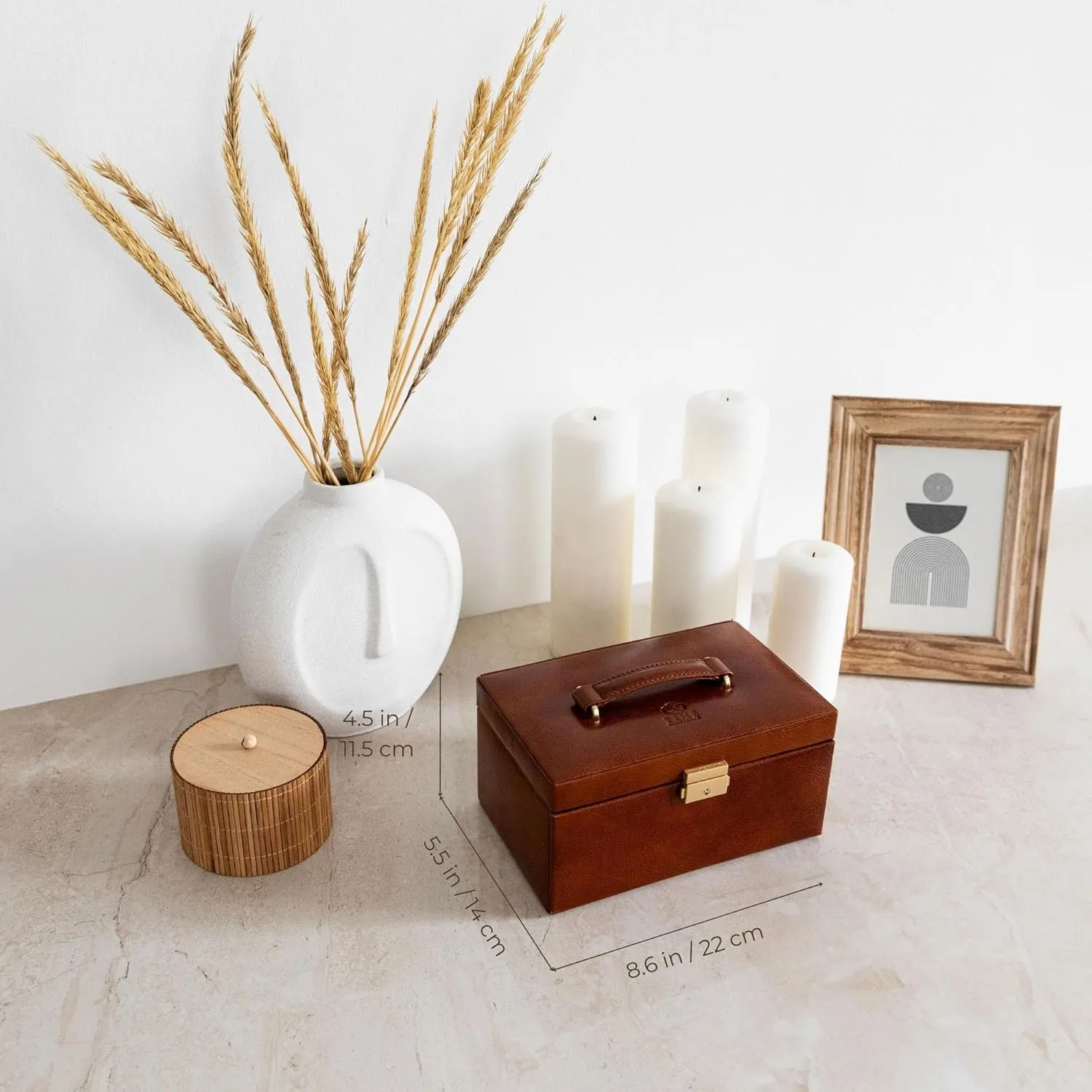 Time Resistance Jewelry Box - Full Grain Leather Jewellery Organizer - Accessories Storage - Key Lock Box for Women (Cognac Brown)
