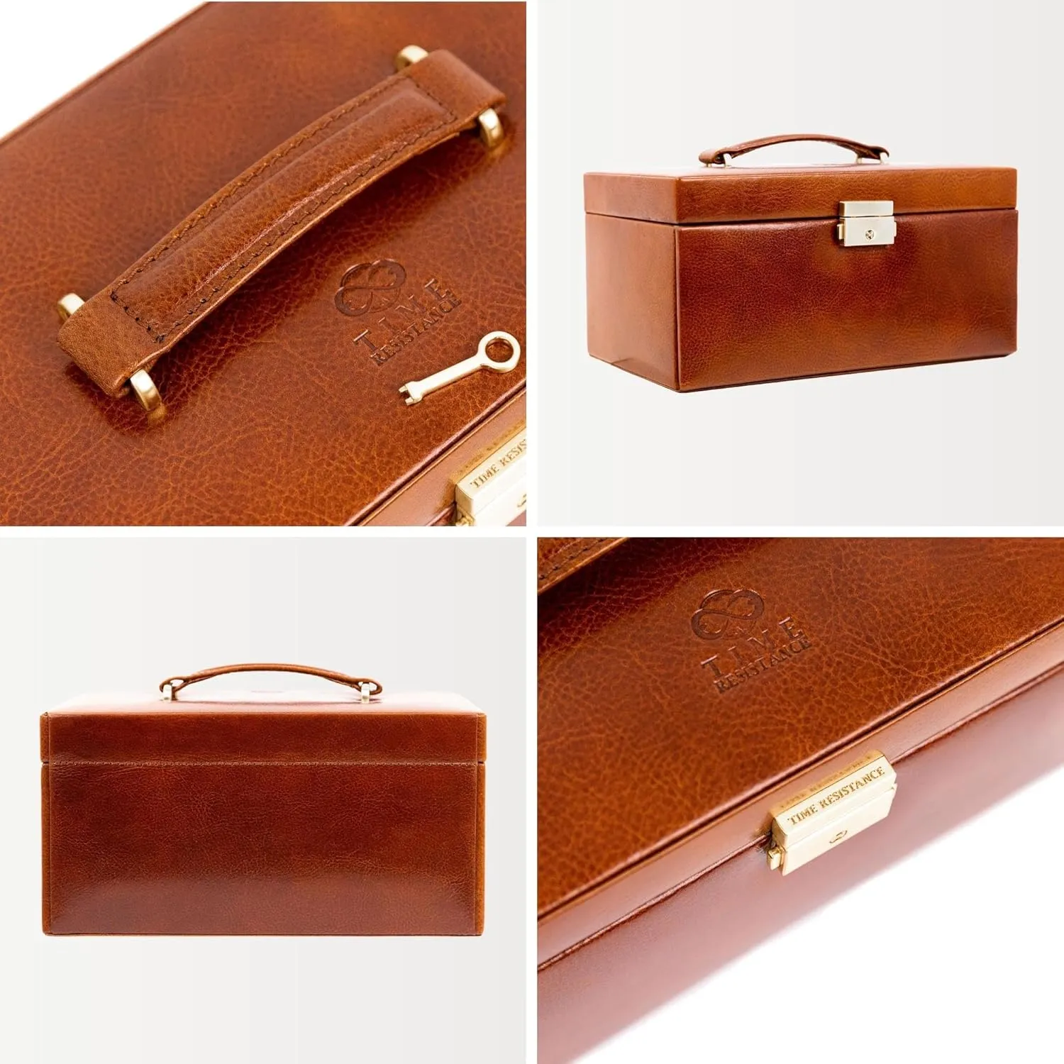 Time Resistance Jewelry Box - Full Grain Leather Jewellery Organizer - Accessories Storage - Key Lock Box for Women (Cognac Brown)
