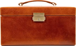 Time Resistance Jewelry Box - Full Grain Leather Jewellery Organizer - Accessories Storage - Key Lock Box for Women (Cognac Brown)