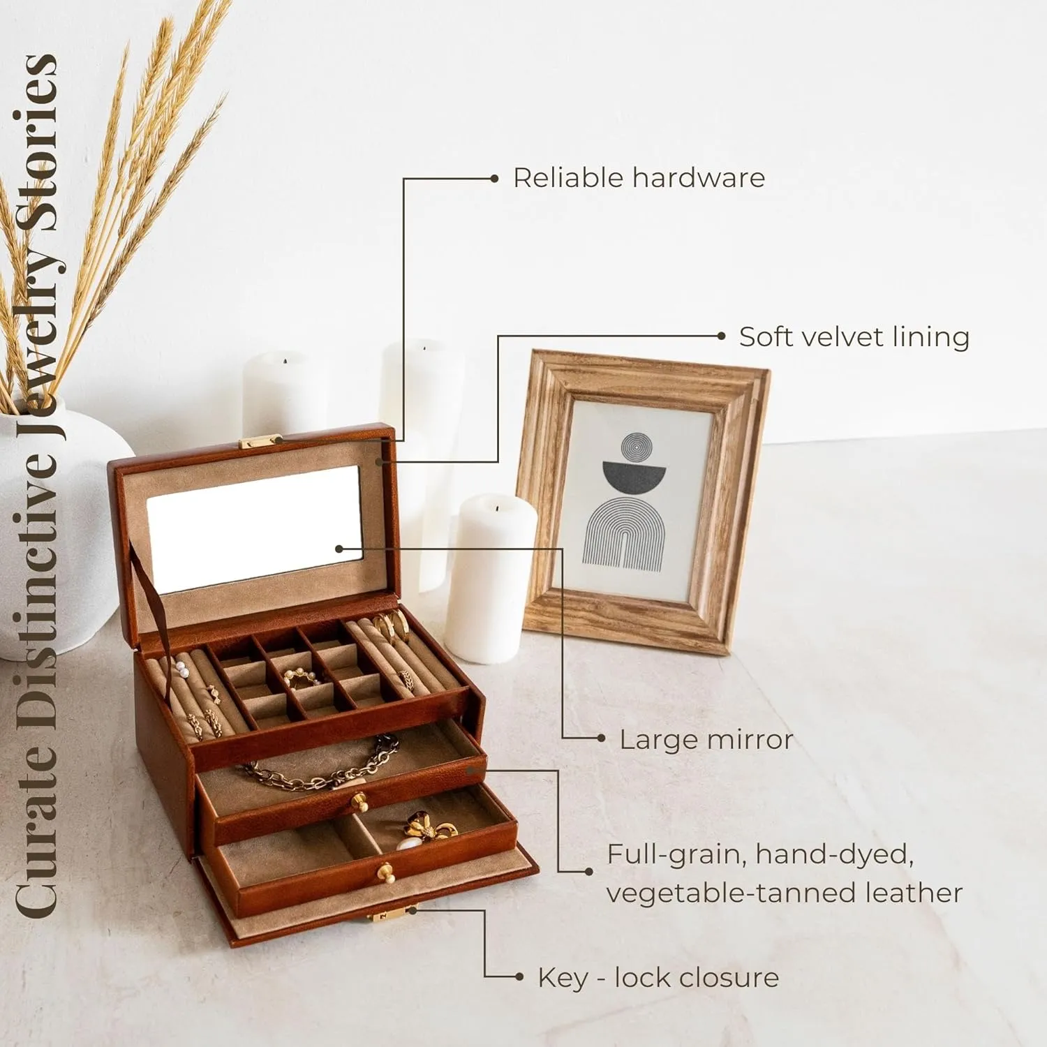 Time Resistance Jewelry Box - Full Grain Leather Jewellery Organizer - Accessories Storage - Key Lock Box for Women (Cognac Brown)