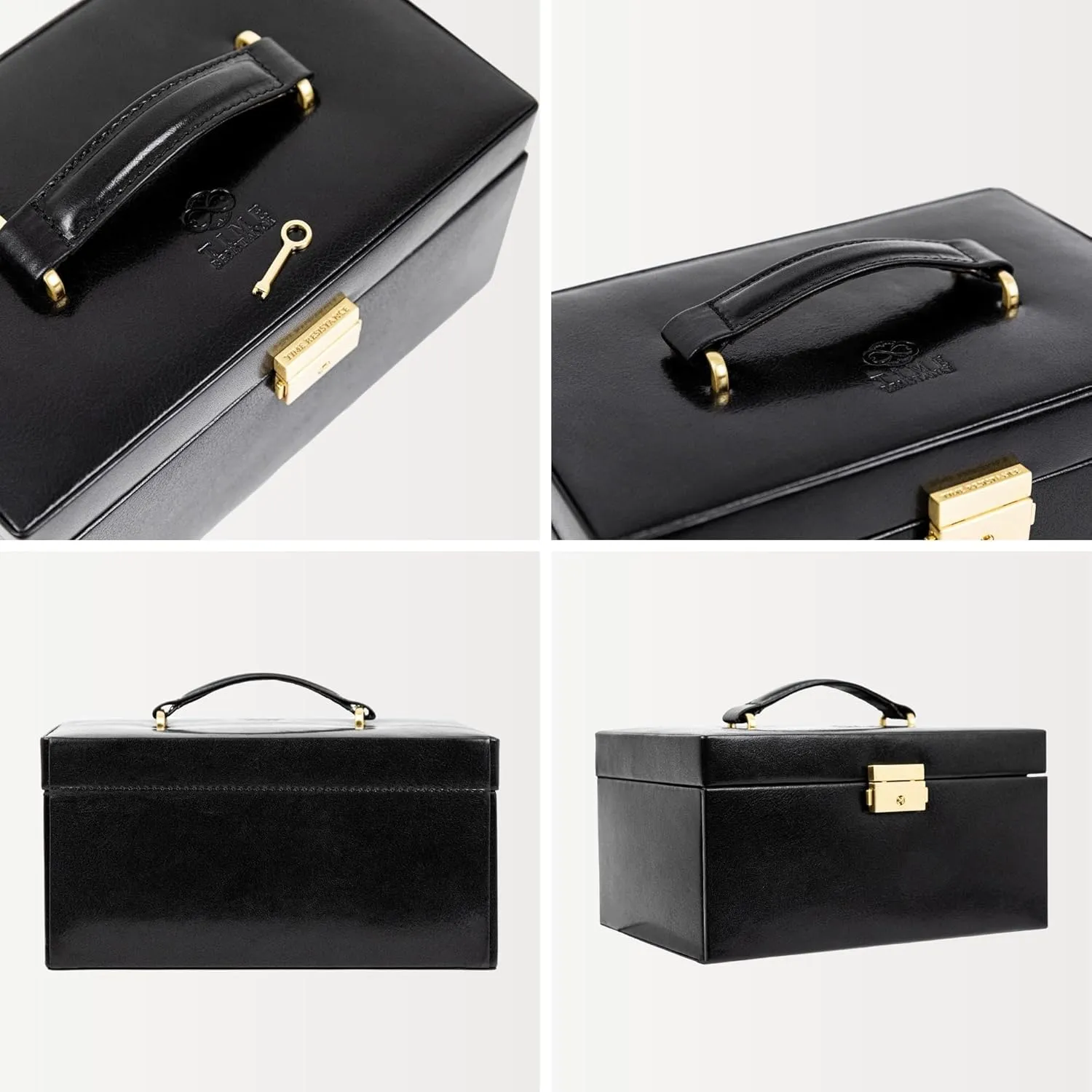 Time Resistance Jewelry Box - Full Grain Leather Jewellery Organizer - Accessories Storage Key Lock - Jewellery Box (Black)