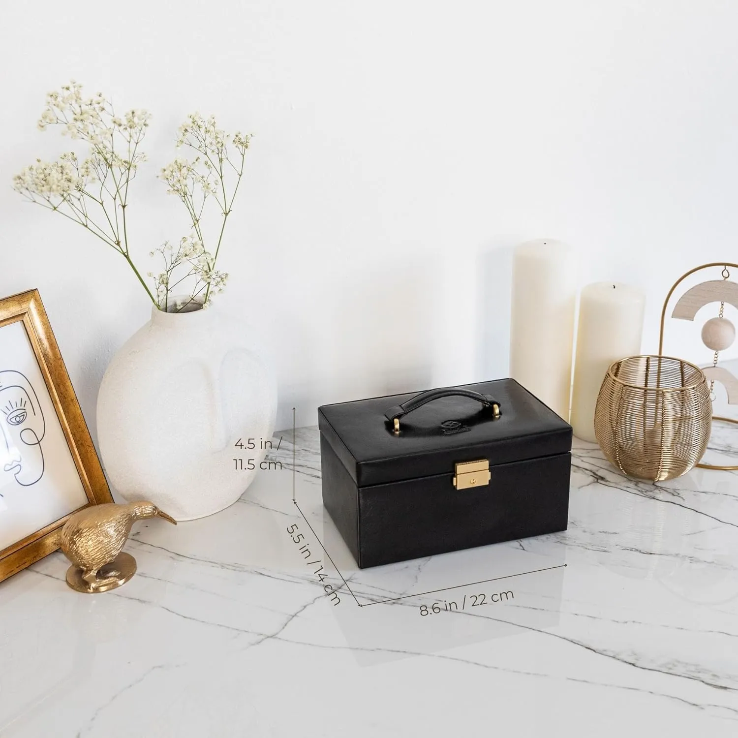 Time Resistance Jewelry Box - Full Grain Leather Jewellery Organizer - Accessories Storage Key Lock - Jewellery Box (Black)