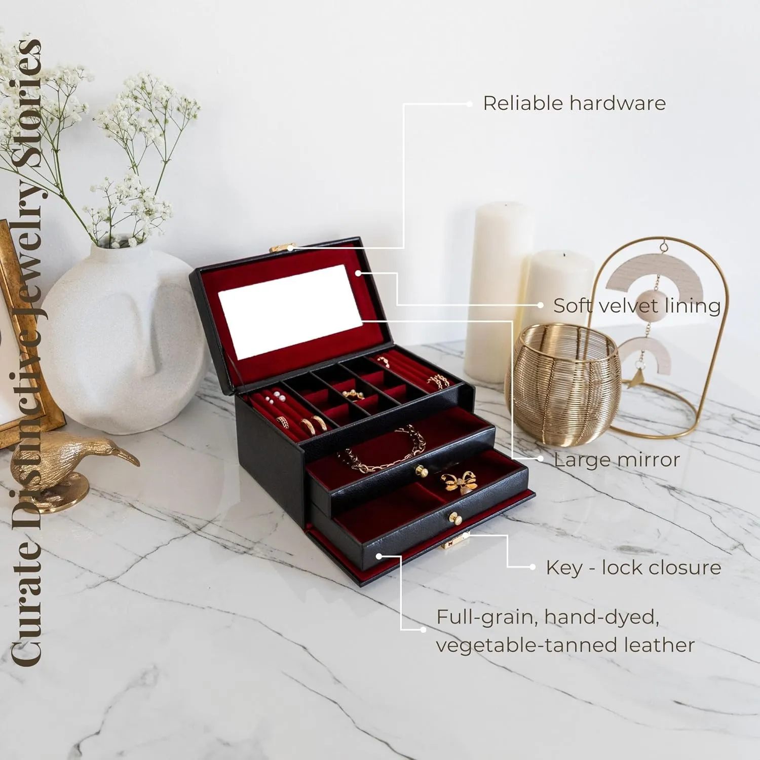 Time Resistance Jewelry Box - Full Grain Leather Jewellery Organizer - Accessories Storage Key Lock - Jewellery Box (Black)