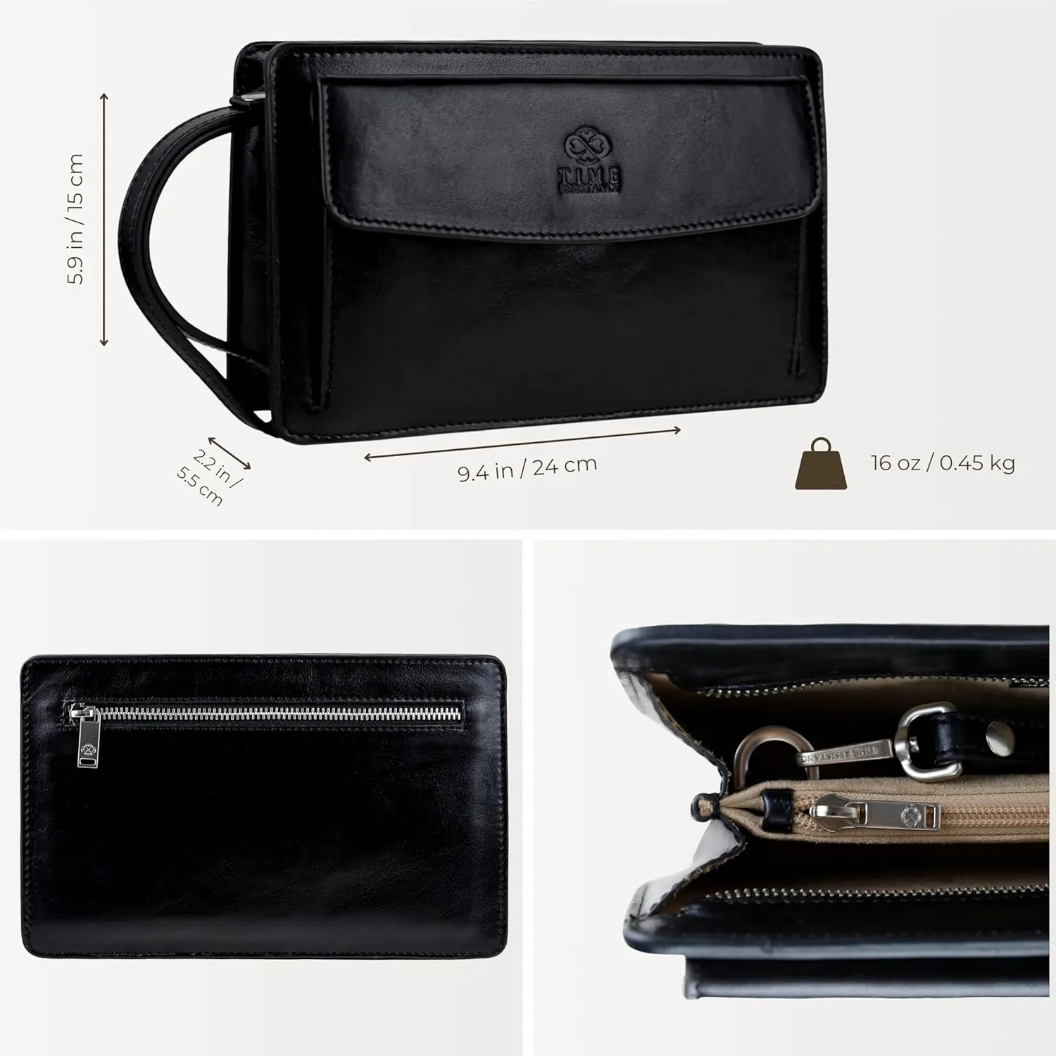 Time Resistance Leather Clutch for Men Organizer Wrist Bag Briefcase Handmade in Italy Gift Box Included