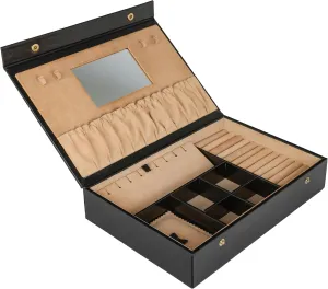 Time Resistance Leather Jewelry Box - Full Grain Leather Organizer, Accessories Storage for Women - Genuine Leather Case (Black)
