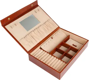 Time Resistance Leather Jewelry Box - Full Grain Leather Organizer, Accessories Storage for Women - Genuine Leather Case (Cognac Brown)