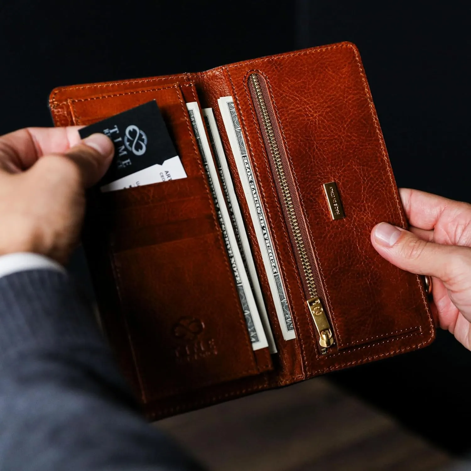 Time Resistance Long Leather Wallet - Bifold Mens Suit Leather Wallet - Checkbook Wallet - Tall Billfold Card Wallet - Slim Wallet Made in Italy (Cognac Brown)