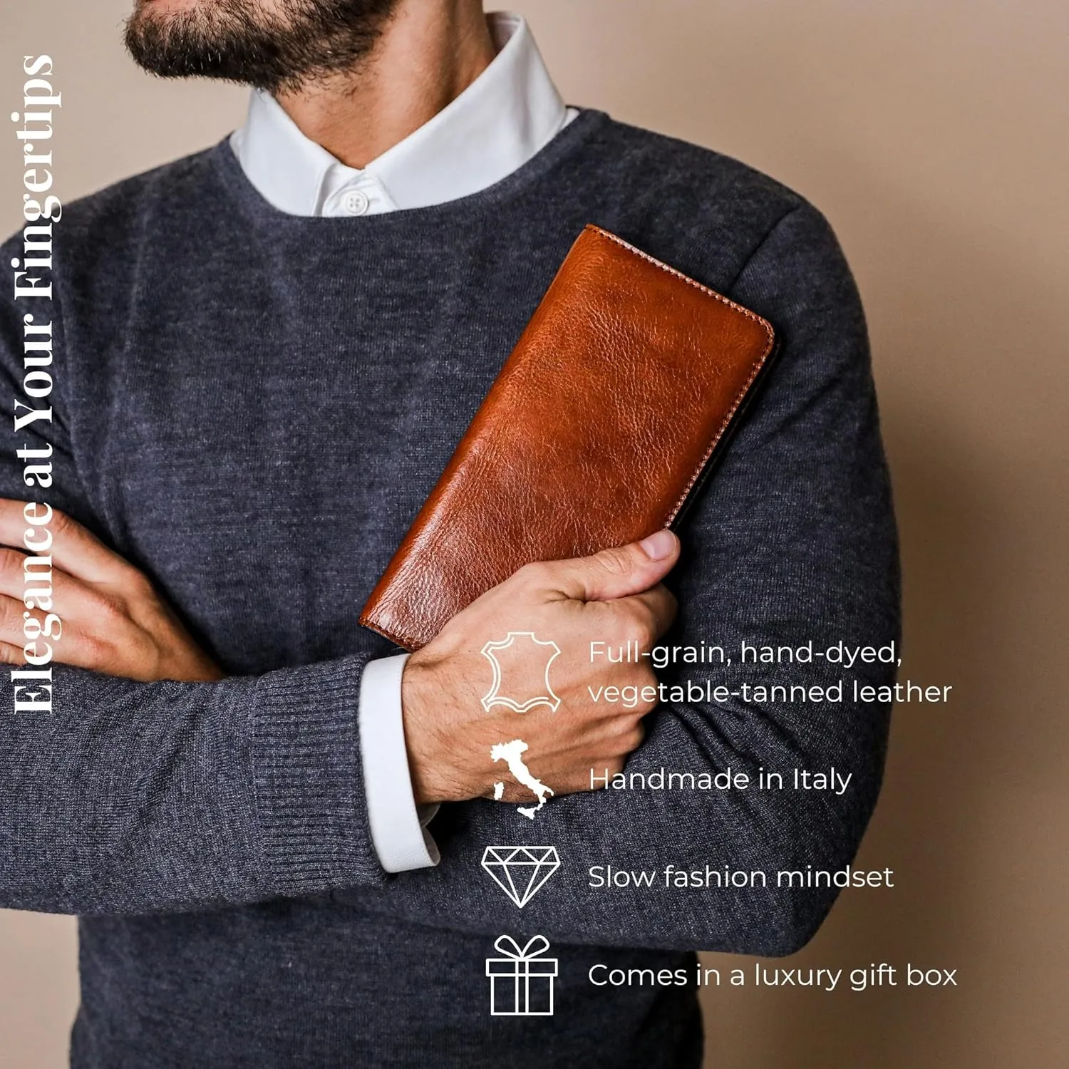 Time Resistance Long Leather Wallet - Bifold Mens Suit Leather Wallet - Checkbook Wallet - Tall Billfold Card Wallet - Slim Wallet Made in Italy (Cognac Brown)