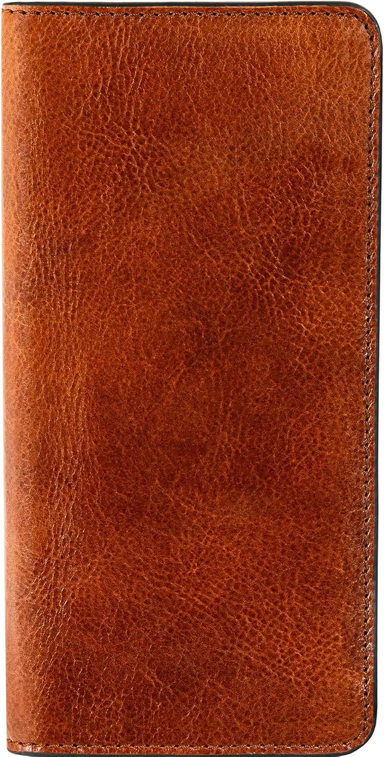 Time Resistance Long Leather Wallet - Bifold Mens Suit Leather Wallet - Checkbook Wallet - Tall Billfold Card Wallet - Slim Wallet Made in Italy (Cognac Brown)