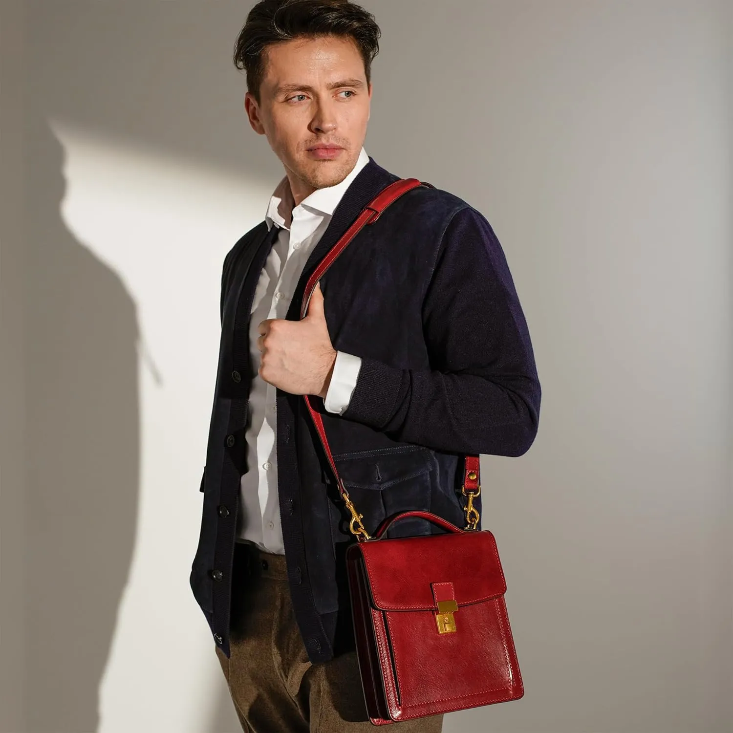 Time Resistance Small Leather Briefcase for Men - Crossbody Bag - Italian Leather Messenger Bag - Gift Box Included