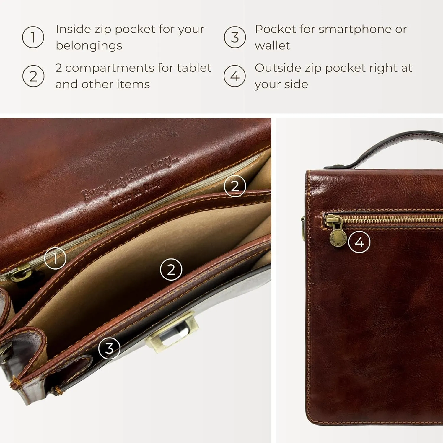 Time Resistance Small Leather Briefcase for Men - Crossbody Bag - Italian Leather Messenger Bag - Gift Box Included