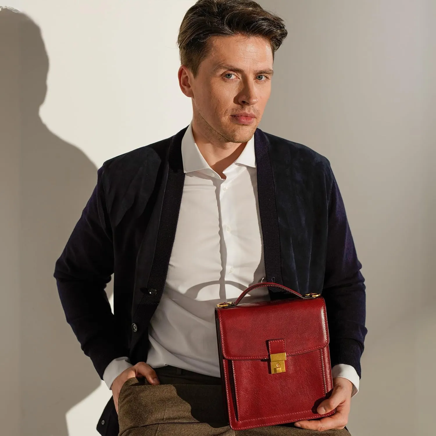 Time Resistance Small Leather Briefcase for Men - Crossbody Bag - Italian Leather Messenger Bag - Gift Box Included