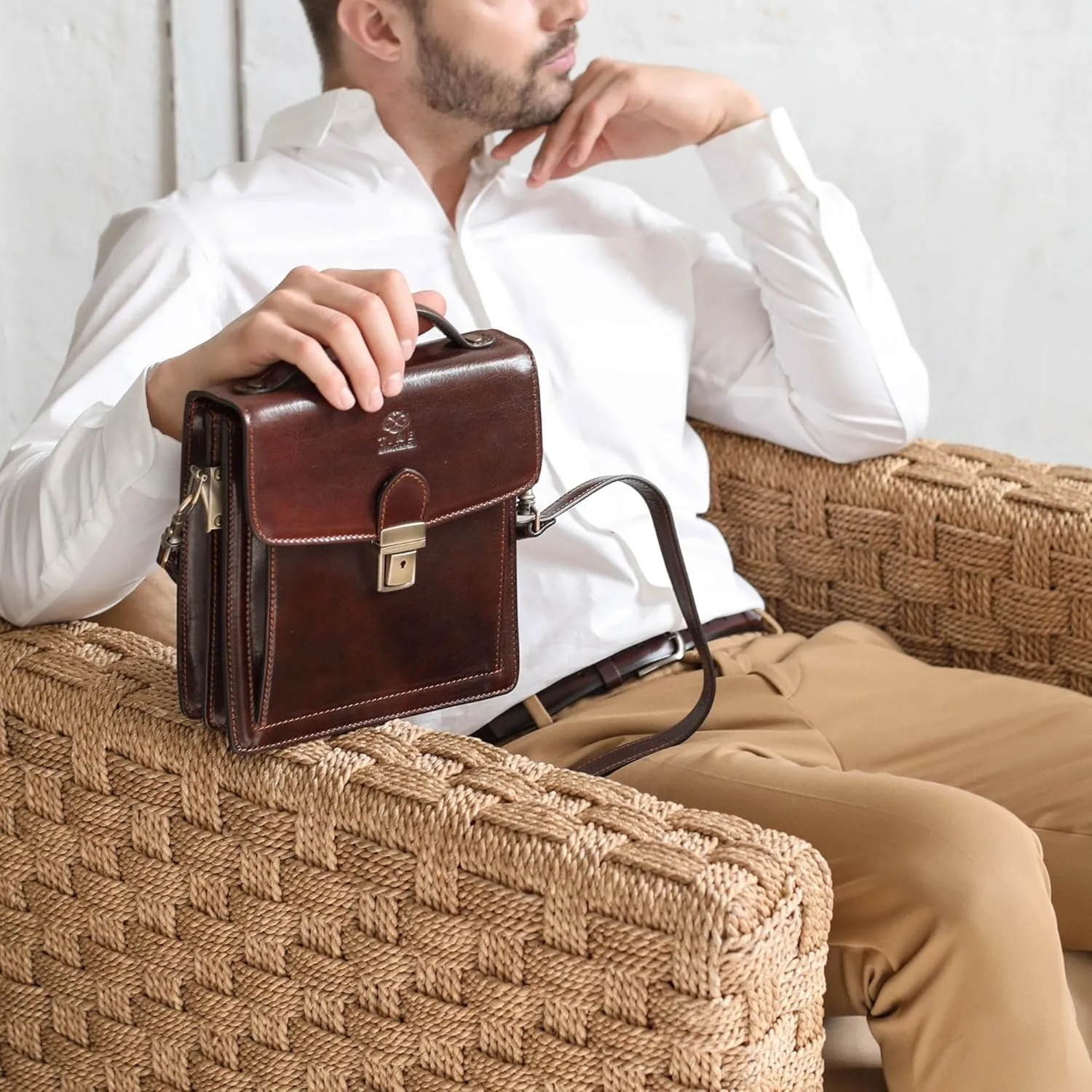 Time Resistance Small Leather Briefcase for Men - Crossbody Bag - Italian Leather Messenger Bag - Gift Box Included