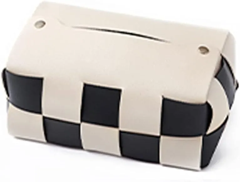 Tissue Box Cover, Tissue Holder Box Car Chessboard PU Paper Towel Box Household Living Room Bedside Leather Paper Drawer Advanced Paper Towel Dust Bag Tissue Holder Case(White)