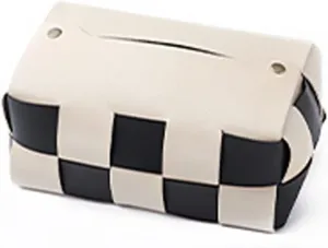 Tissue Box Cover, Tissue Holder Box Car Chessboard PU Paper Towel Box Household Living Room Bedside Leather Paper Drawer Advanced Paper Towel Dust Bag Tissue Holder Case(White)