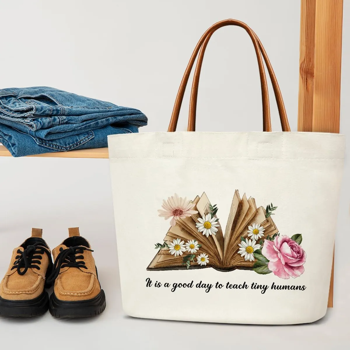 Tote Bag For Women Large Shoulder Canvas Tote Bag with Leather Handles Reusable Grocery Bags for Shopping - B