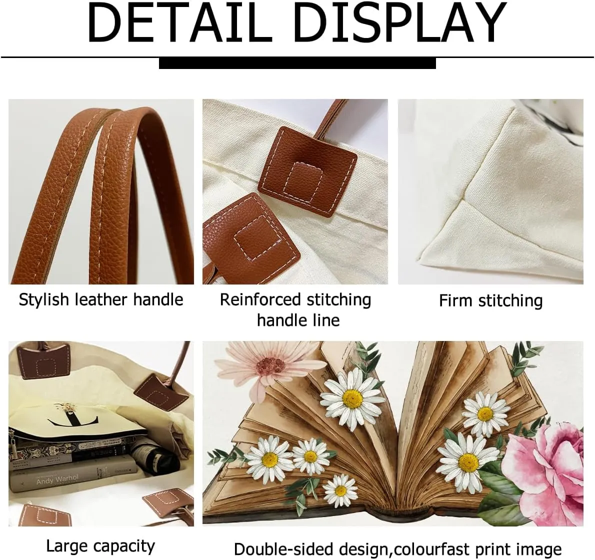 Tote Bag For Women Large Shoulder Canvas Tote Bag with Leather Handles Reusable Grocery Bags for Shopping - B
