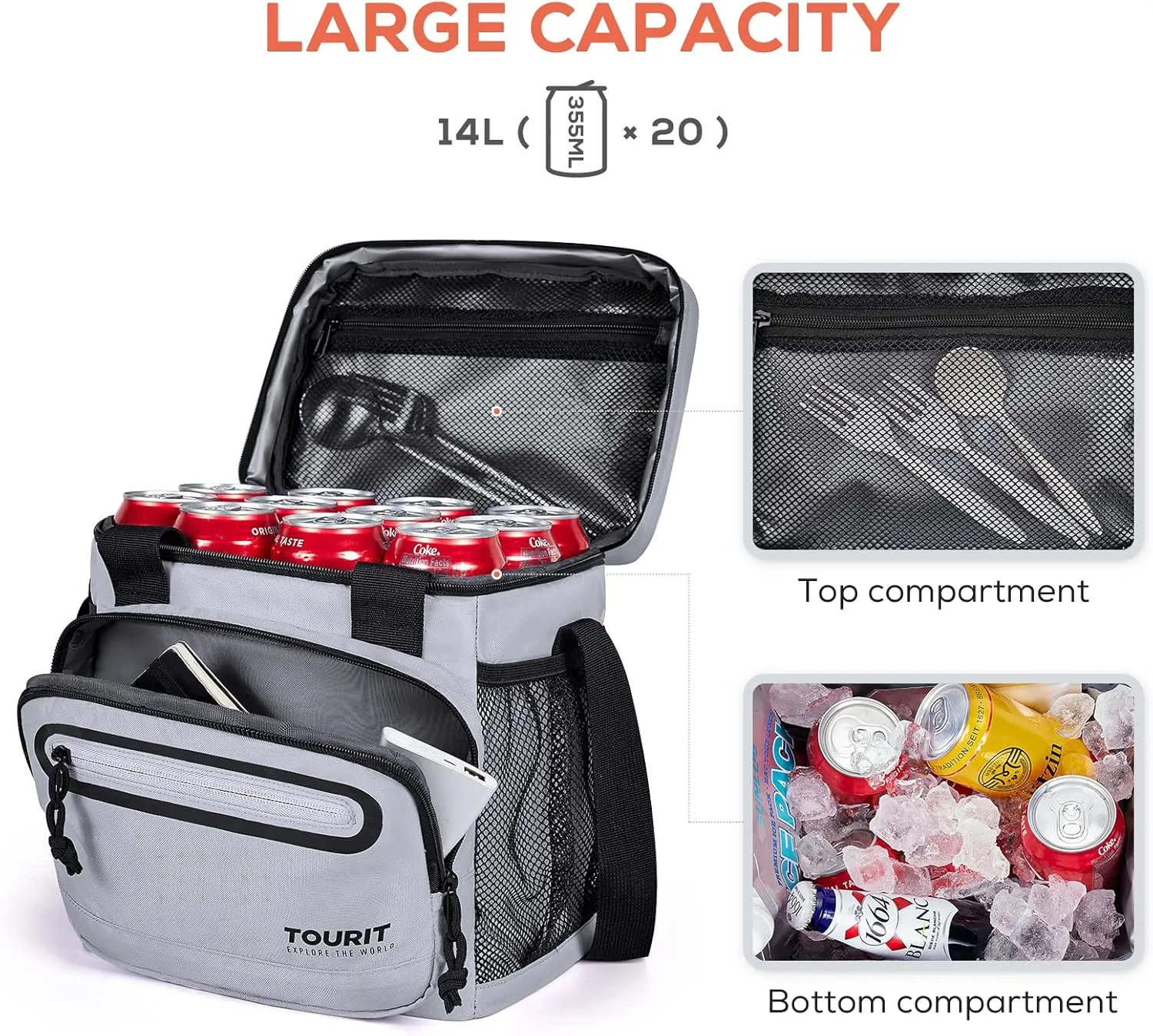 TOURIT Large Lunch Bag 14L Insulated Lunch Box Lunch Cooler for Men Women Work, Black