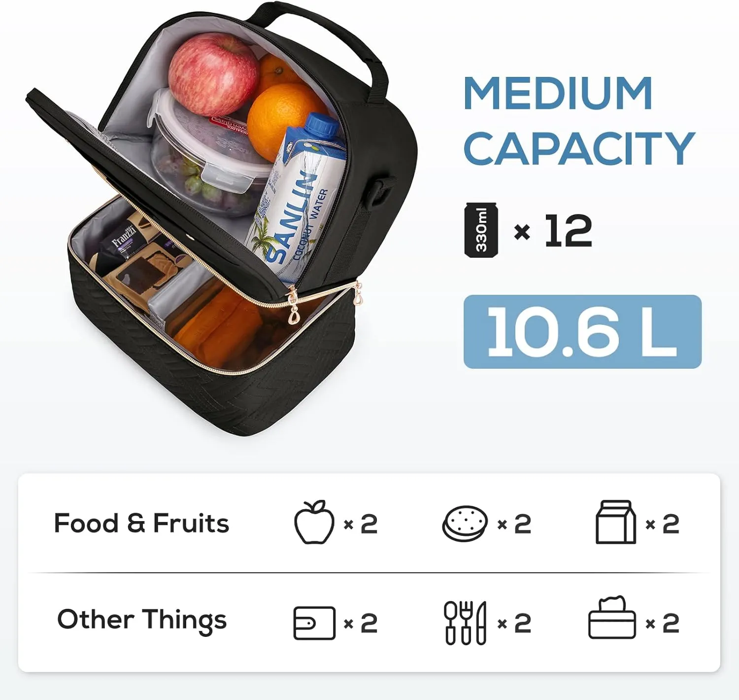 TOURIT Lunch Bag Women Double Deck Lunch Box Insulated Lunch Cooler for Women Men Work, Black