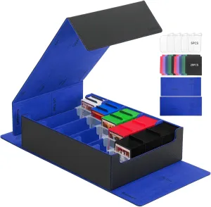 Trading Card Storage Box, 3800  with 20 Colorful Dividers&5 Supporters, Leather Magnetic Closure Storage Box, Card Deck Box for YuGiOh, MTG, Black/Blue