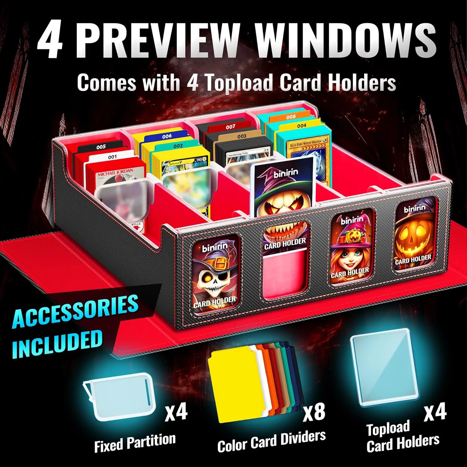 Trading Card Storage Box for Commander Display, 3000  MTG Deck Box With 4 Toploaders & Supporters, PU Leather Case Fits Yugioh TCG Magic Game & Sports Cards (Black&Red)